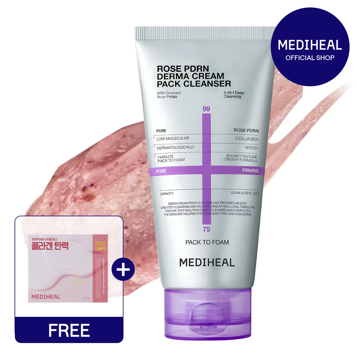 [MEDIHEAL] Derma Cream Pack Cleanser Rose PDRN (Pore Firming) | 5-in-1 Hybrid 1-Minute Mask & Daily Cleanser | Real Rose Petals for Blackhead & Pore Purifying | Hydrating Non-Stripping Formula | Korean Skincare