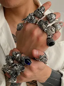 16-Piece Punk Style Silver Color Skull Ring Set, Vintage Gothic Jewelry, Lion Head, Tiger Head, Dragon Design for All Seasons, Stacking Rings, Statement Multi Ring, Dark Aesthetic Rings, Stackable Rings, Stackable Finger Rings