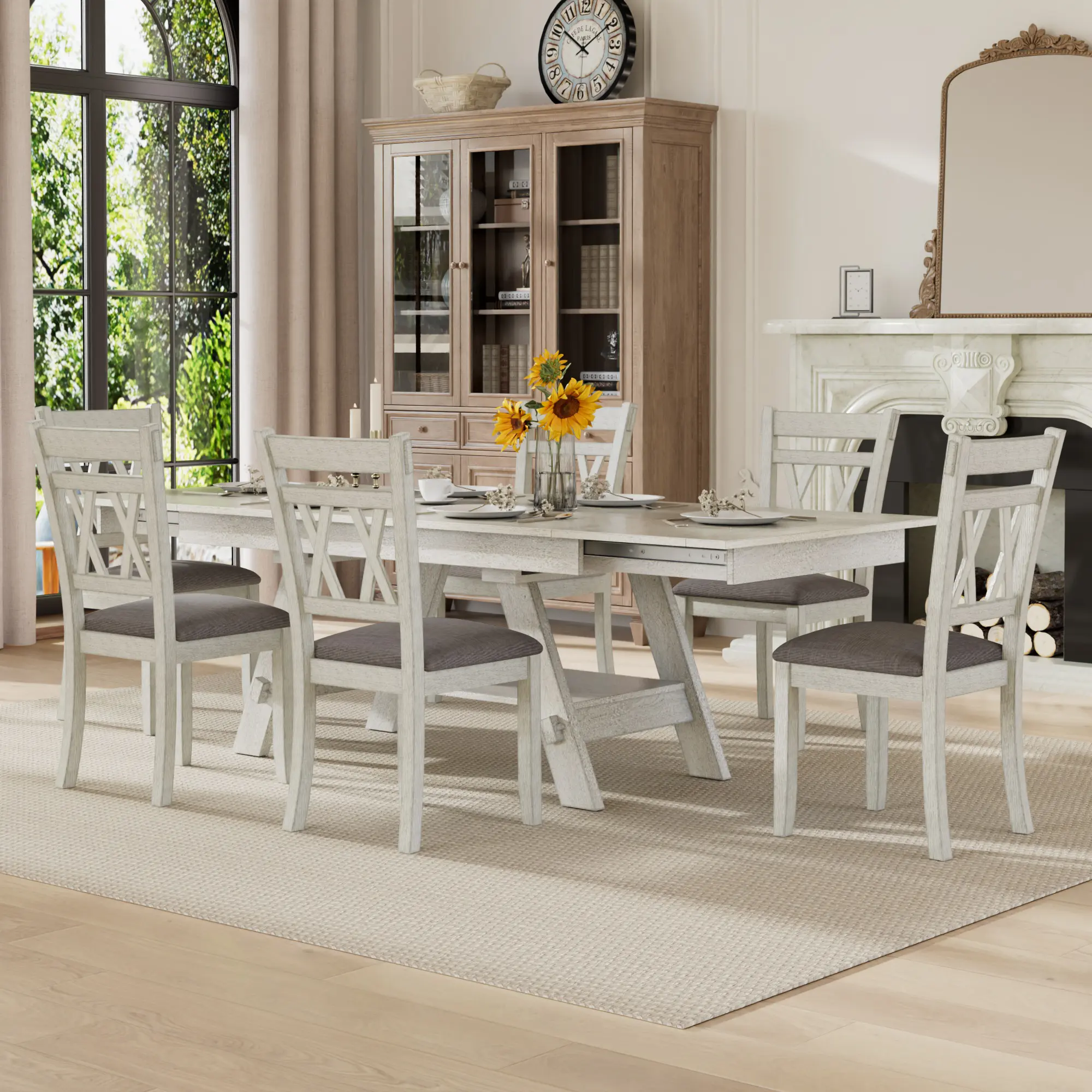 VECELO Industrial Rectangular Solid Wood Expandable Dining Table Set with Upholstered Chairs, Bench, Multi-Size 4-8 Person Capacity, Natural Grain Indoor Furniture for Apartment Decor, Combo Kit Dining Room Furniture