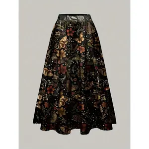A-Line Dress for Women Featuring an All-Over Print of Autumn And Winter Nature, Including Plants, Leaves, Maple Leaves, And Mushrooms