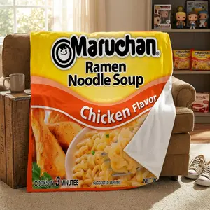 Chicken Flavor Ramen Noodle Soup Blanket, Fun Gift for Ramen Lovers, Comfortable Ramen Blanket for Boys and Girls, Unique Food Theme Blanket, Soft Cozy Blanket Throw