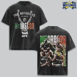 Conor McGregor The Notorious Vintage Washed UFC T Shirt, Double Sided Irish Flag MMA Graphic Tee, Retro Fight Night Combat Sports Shirt, Oversized Heavyweight Cotton Unisex Fan Apparel, UFC Legend Gift