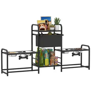 [Bellemave] Dog Bowl Stand with 2 Feeding Stations, 3 Height Adjustable Elevated Dog Bowls with Toy Bin Basket, Lifted Food and Water Bowl, Black