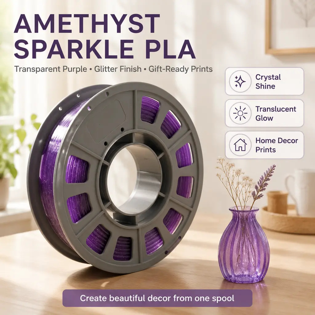 300g Transparent Purple PETG Thread With Floating Silver Glitter Bits. Translucent purple core creates dreamy sparkling visual effects.  mini spool designed for beginner test prints and personalized art models.   3D   printed material
