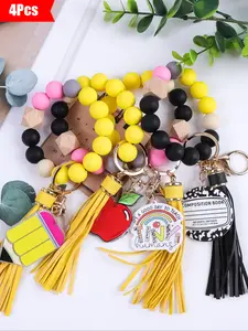 1/4 pcs-Vibrant School Style Beaded Keychain Set, Colorful Bracelet Design, Apple Ornament, Pencil Shape, Rainbow Decoration, Teacher Gift, Cool Keychains