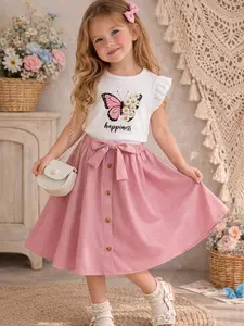 Girls' 2-Piece Set, Butterfly Print Short Sleeve Top & Button Skirt, Casual Fitted Midi Dress, Perfect for Parties and School