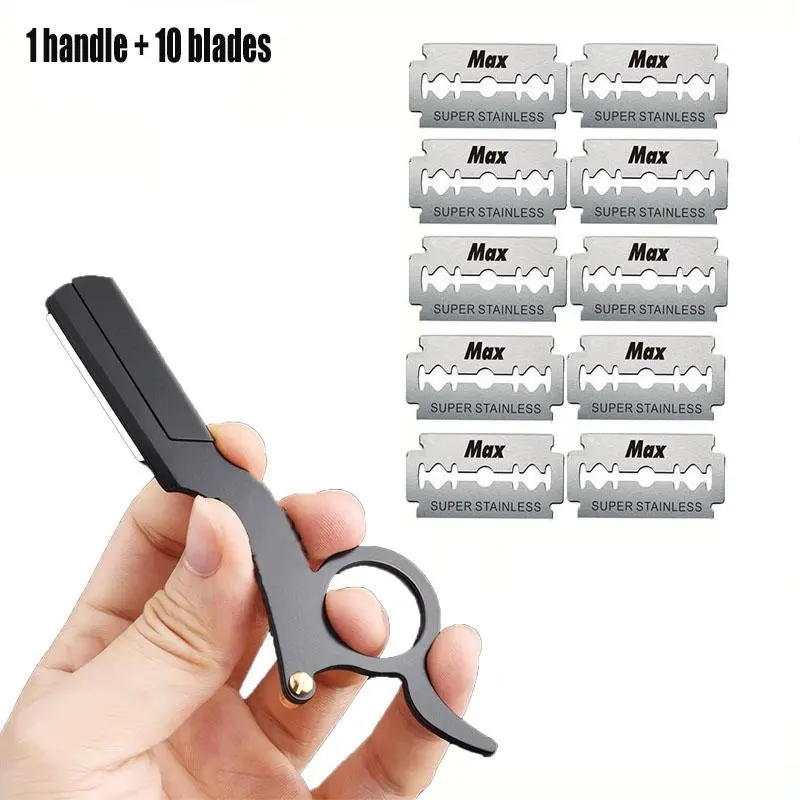 Men's Straight Razor Set, 11pcs/set Including 1pc Shaver Handle & 10pcs Blades for Beard Styling, Straight Edge Manual Razor for Men