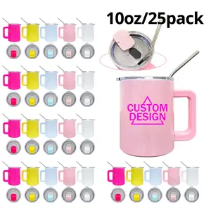 25pcs 10oz Cute Stainless Steel Tumblers with Hande and Lids, Double Wall Insulated Sublimation Coffe Mugs, Reusable Metal Cups for Hot and Cold Drinks, Perfect for DIY, Festive Gifts.