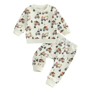Toddler Baby Boy Christmas Outfit Truck Christmas Tree Print Long Sleeve Sweatshirt and Pants 2 Pcs Set