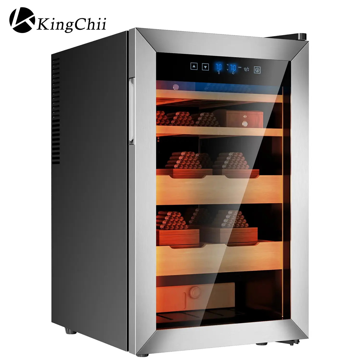KINGCHII Upgrade 70L Electronic Humidor, Constant Temperature & Humidity Control, Spanish Cedar Wood Shelves, 500-Capacity Display Cabinet