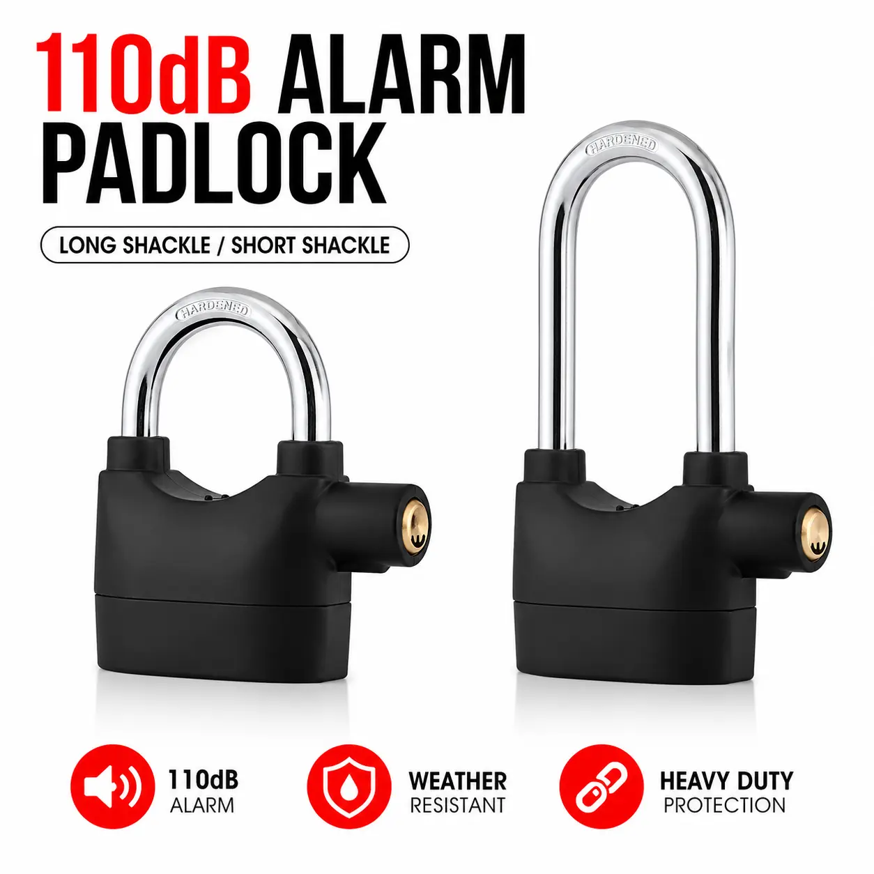 110dB Alarm Padlock, Heavy Duty Aluminum Alloy Security Lock with Hardened Steel Shackle, Waterproof Outdoor Anti Theft Lock for Gate, Fence, Shed, Storage Unit, Bicycle, Locker