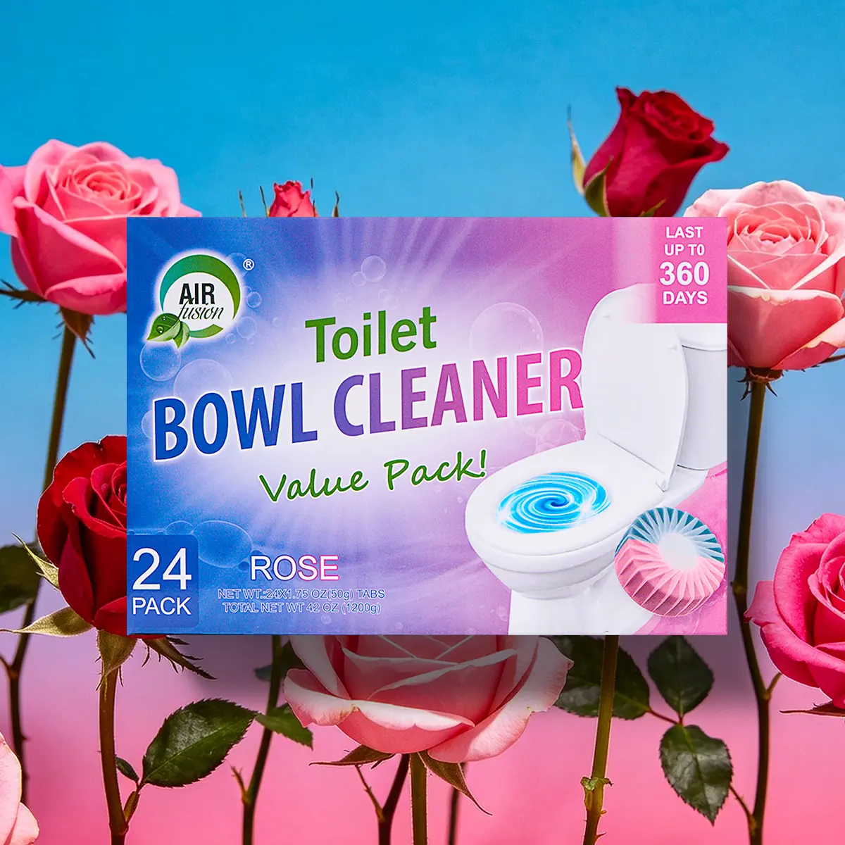 AIR FUSION Rose Aroma Scented Toilet Cleaner Tablets - 24-Count Drop-In Auto-Release Pack, Antiseptic Bacteria-Killing, Odor Control, 1.75oz Each, 16oz Total, 360 Days Fragrant Home Cleaning Products