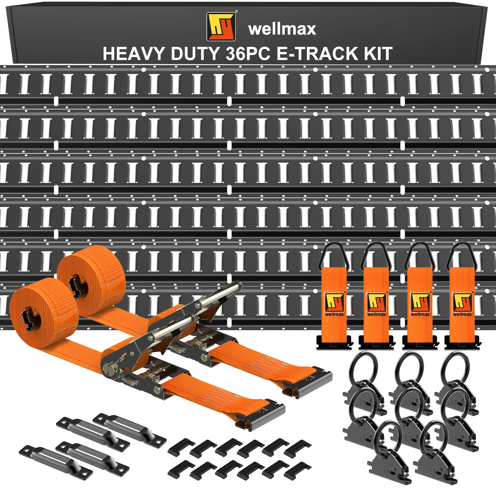 Wellmax 36PC E-Track Rail Kit - Heavy-Duty Rails, Ratchet Straps, O-Rings, Tie-Offs for Enclosed Trailers, Trucks - Cargo Management with Enhance Stability, Manufacturer Warranty