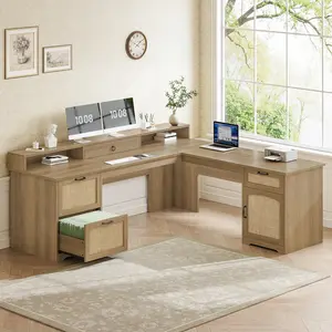 SEDETA 63 Inch Rattan L Shaped Desk with Drawers Farmhouse Corner Computer Desk Wood Office Desk with File Drawers with Storage Executive Desk with Monitor Stand and Storage Cabinet