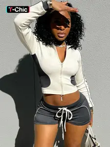 Two-Piece Set Women's Colorblock Side Stripe Zip Up Crop Fitted Knit Jacket & Plain Drawstring Waist Shorts, Casual Fashion Stand Collar Long Sleeve Top & Shorts for Daily Outdoor Wear, Ladies Spring & Fall Clothes