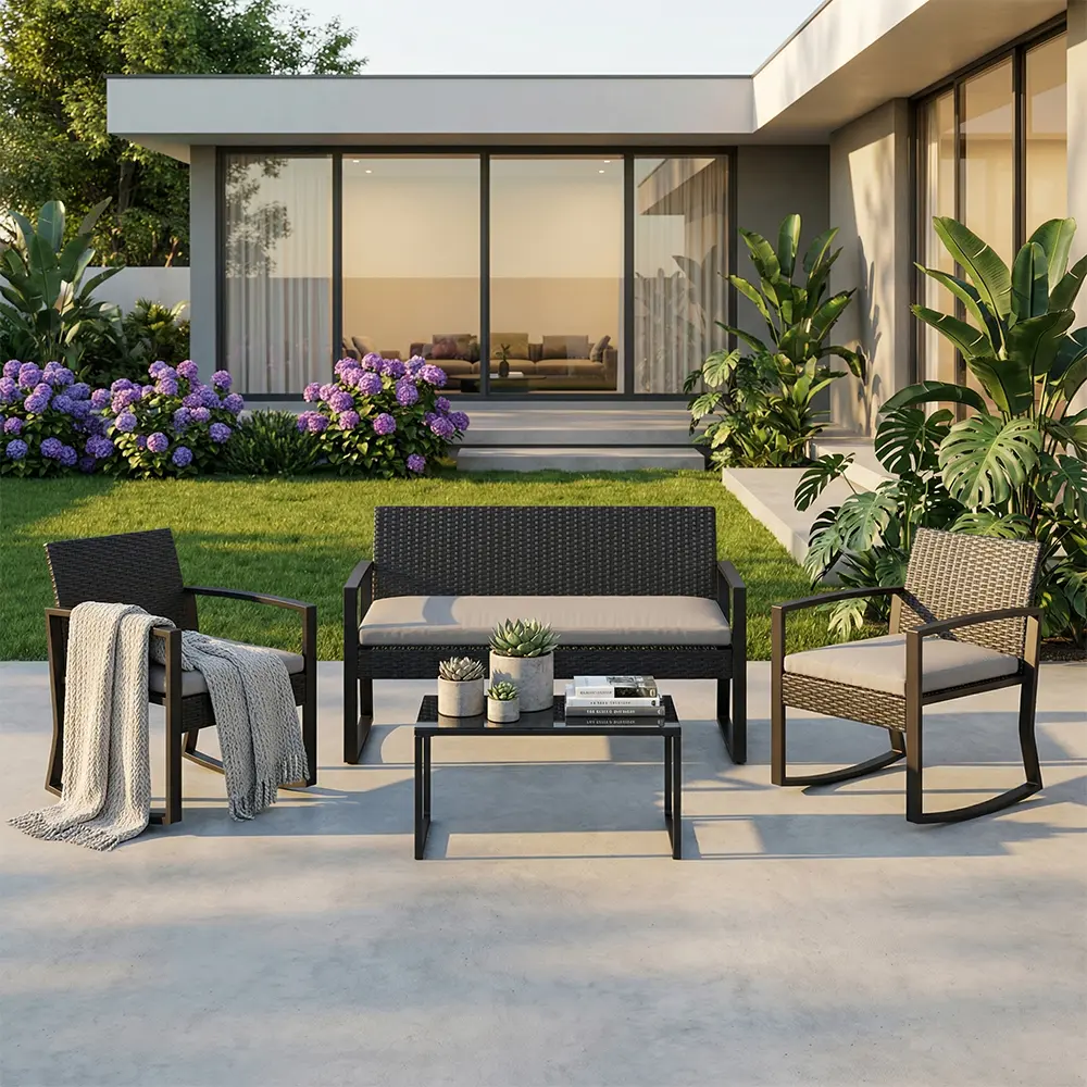 4-Piece Outdoor Patio Rocking Chair Set All-Weather PE Rattan Wicker Conversation Furniture with Coffee Table and Cushions for Backyard Porch Garden Modern Style Cushions