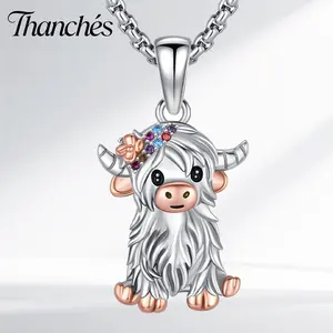 Thanches Highland Cow Necklace S925 Sterling Silver Cute Scotland Animal Highlander Jewelry for Mom Mother Daily Decor Accessory