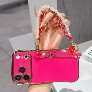 Luxury Electroplated Wave Pattern Dual Heart Large Window Wrist Strap Full Cover Anti-Scratch Anti-Drop Phone Case for Apple iPhone 17pro Max 16pro 15 14 13 12