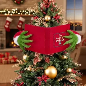 Festive Red Book-Shaped Christmas Tree Topper Decoration, Monster Hand Ornament, Eco-Friendly Plastic & Plush Material, Perfect Holiday Decor
