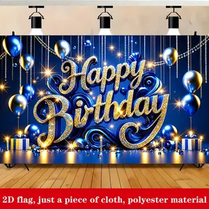 Blue Gold Birthday Theme 2D Flat Banner, Polyester Material, Metal Grommets, Happy Birthday Balloon Box Design, Party Decorations Banners