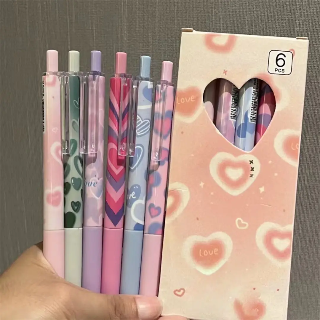 Cute Heart Ballpoint Pen Set in 6 Pieces, 0.5mm Quick-Dry black Ink, Simple Design Ideal for School and Office Use, Stationery Writing Tools, Office Stationery Supplies