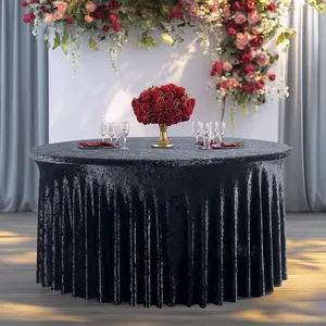 1 Pack Black  Round Tablecloth 60 inch, Thick Shiny Velour Stretch Fitted 5ft Round Tablecloths 120 inch, Wrinkle Free Spandex Table Covers with Skirt for Wedding Party Dining Banquet