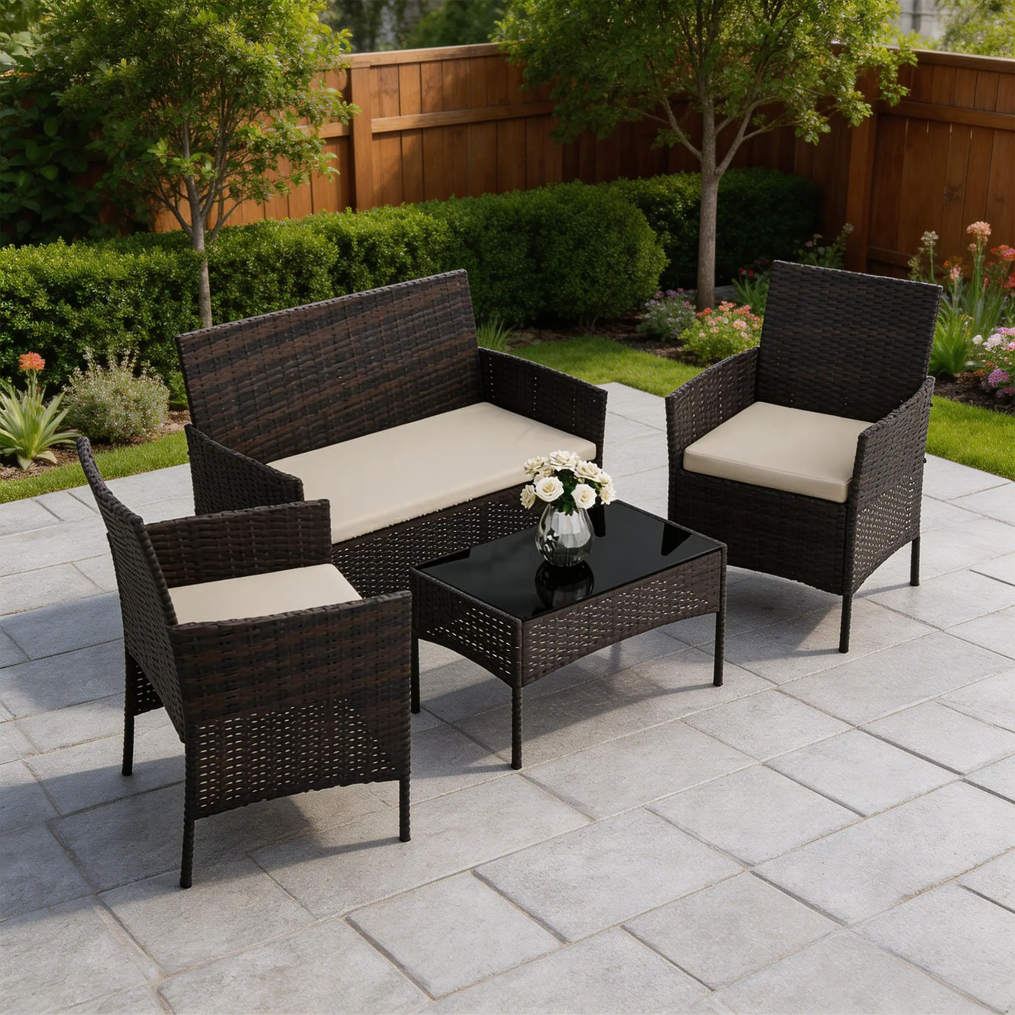 4-Piece Rattan Outdoor Furniture Set,   Wicker Chairs with Soft Cushions & Tempered Glass Coffee Table - All-Weather Patio Set for Garden, Backyard, Porch, Poolside
