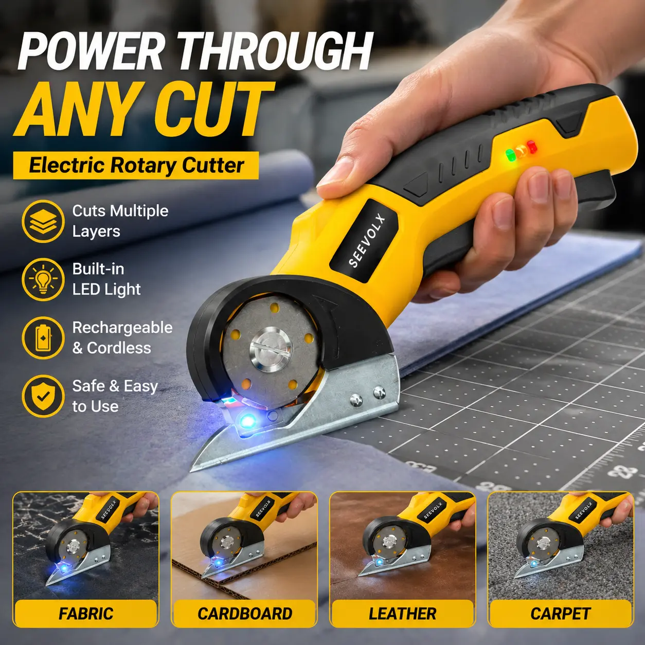 SEEVOLX Cordless Rotary Cutter Scissors - Cordless Design, Portable Ergonomic Lockable Scissors, Rechargeable Leather/Cardboard Cutter, LED Light, USB-C Port, Comfort Grip, Battery Indicator for Fabric, Denim, DIY Projects