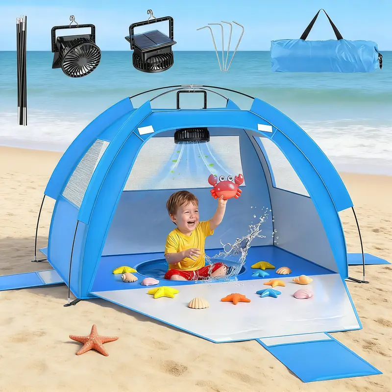 PanAdventure Baby Beach Tent Solar Cooling Fan, Anti-UV Toddler Beach Tent Sun Shelter Portable Travel Fan Beach Shade Tent, Baby Play Tent Built-in Ceiling Fan Sun Shelters Toddler Beach Essentials summer outdoor fun #summerwins