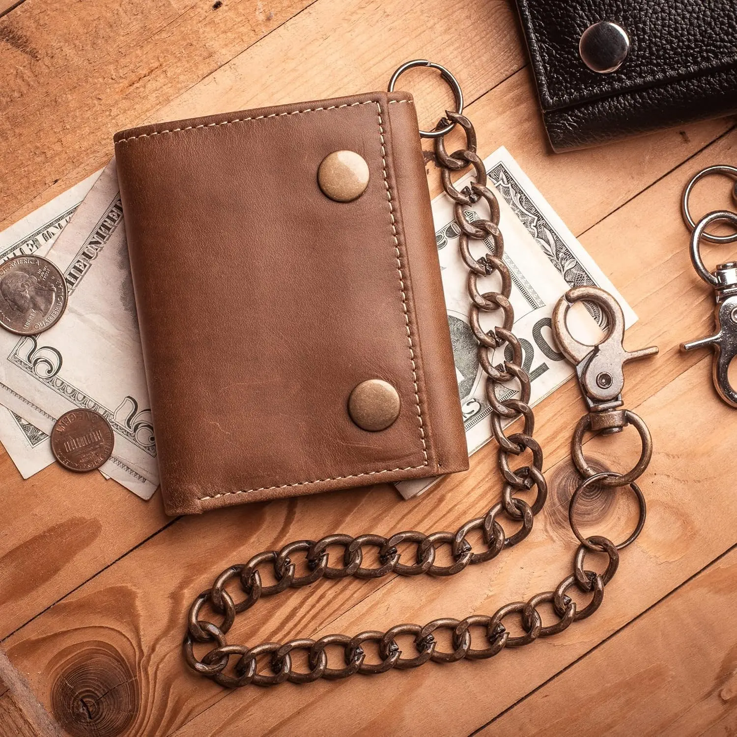 Juzar Tapal Collection Men's Trifold Chain Trucker Wallet - Genuine Leather, RFID Safe, 9 Card Slots, ID Window, Key Holders, Vintage Rustic Brown Crazy Horse, Casual Foldable, USA-Designed, Sleek Size, Secure Essentials, Max Capacity