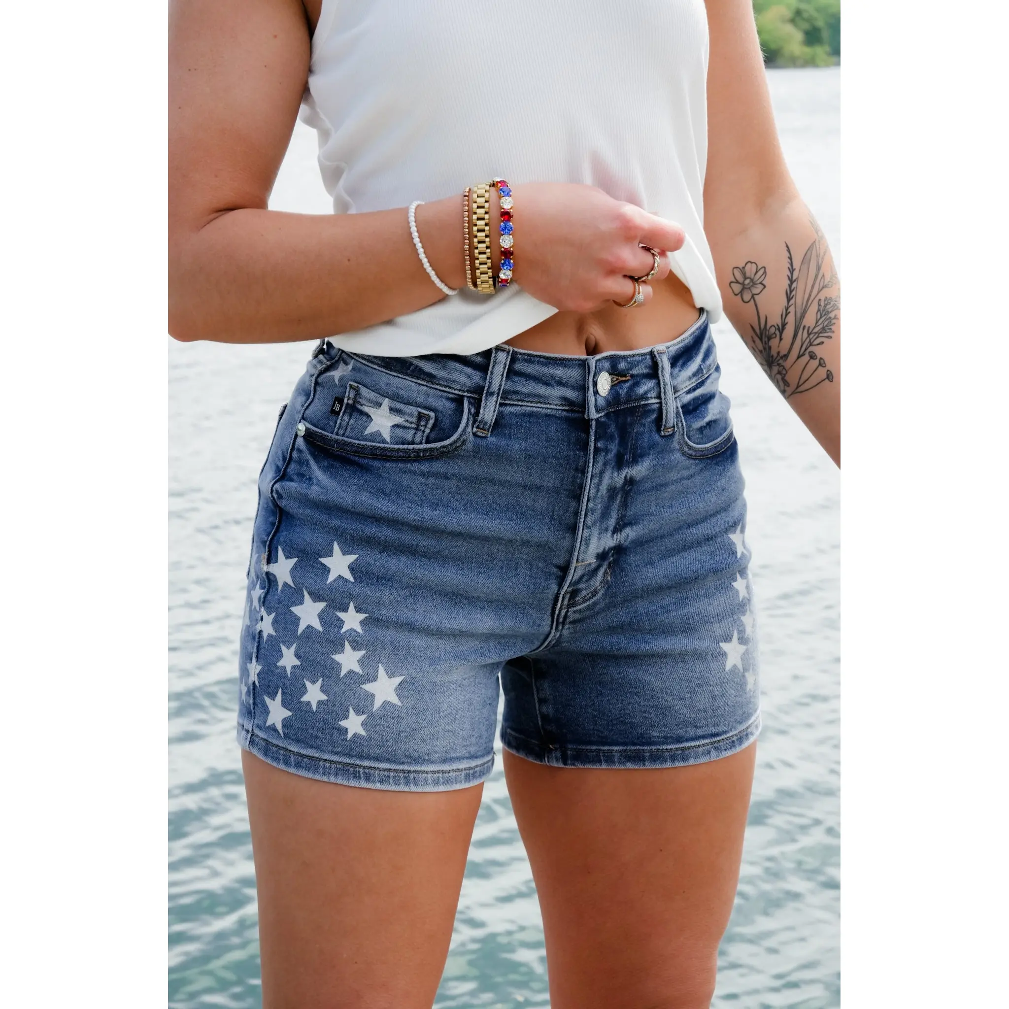 Judy Blue Medium Wash Slim Shorts with Star Splatter