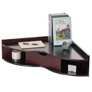 Basicwise  7 x 33 x 23.5 in. Corner Desk Heart Shaped Wall Mounted Office Table with Drawer & Two Shelves Computer Writing Desk, Brown