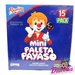 Ricolino Paleta Mini Payaso / Marshmallows Lollipops Cover With Chocolate 15ct Snack Bonbon Sweet Candy