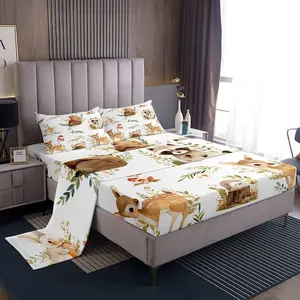 Feelyou Woodland Animal Bedsheet Sets - Cute Deer, Rabbit, Hedgehog & Mushroom Branches Rustic Reactive Print, Soft Microfiber, Deep Pockets, Breathable Sheets, Multi-Size Bedding for Kids