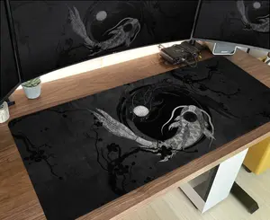 Black and white Desk Mat Koi fish pond, Japanese Mousepad Large, Yin yang grey Gaming Deskmat, XXL extended mouse pad/playmat xl