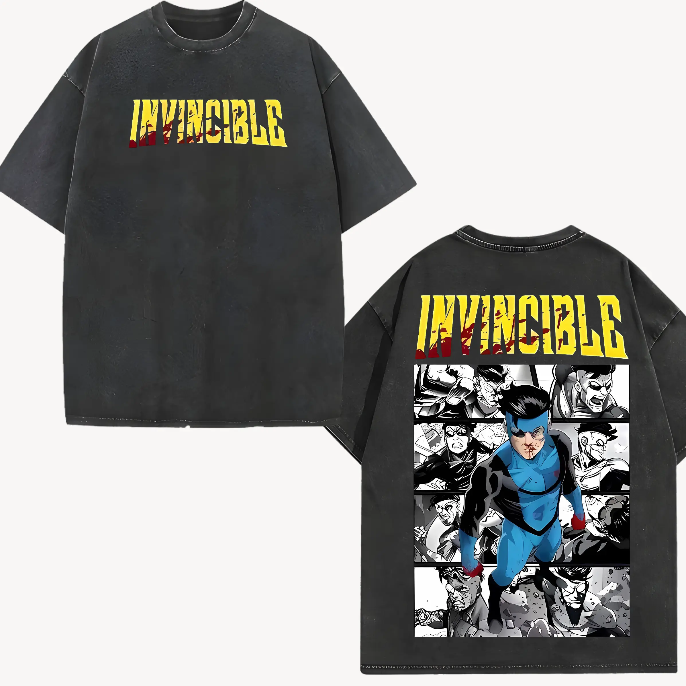Men's Vintage Oversized Lightweight Acid-Washed Short-Sleeve Round Neck Graphic Tee - Superstyle Limited Edition Emperor Mark Grayson Invincible War Comic Double-Printed TV Series Distressed Fitted Casual Fashion Tops, Vintage T Shirts