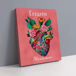 A Mexican Pink Floral Heart Canvas Wall Art, Wooden Wall Art - Vibrant Plant Illustration with "Mexican Heart" Text, Decorative, Aesthetic Wall Decor, Ready to Hang, Perfect for Living Room, Bedroom, or Home Office Decoration, Mexican Home Decor - Pudraw