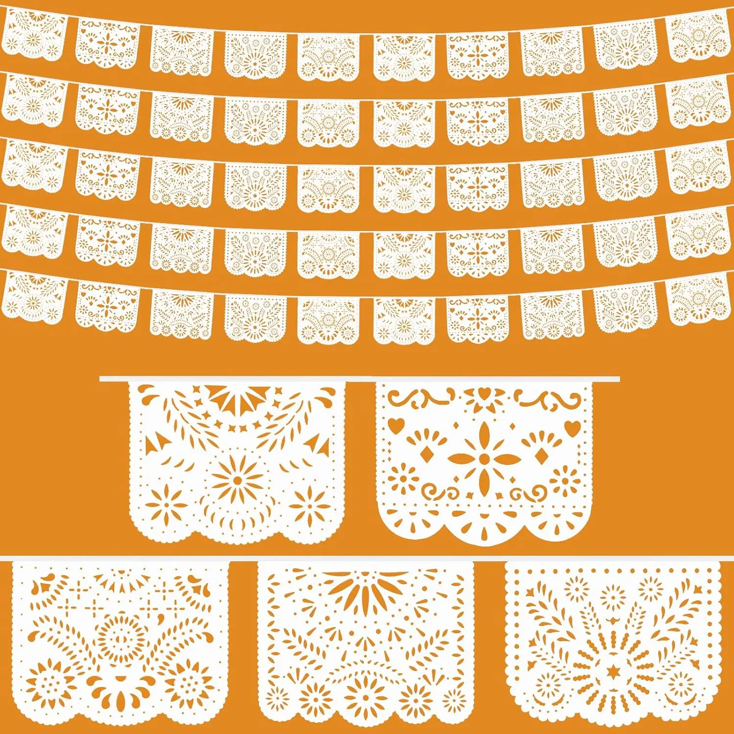 White-5pcs Reusable Traditional Synthetic Papel Picado Banner Set - 5 Styles, 82ft Backdrop, 16-17 Inches Festive Pennants for Cinco De Mayo, Church Gatherings Decorating Supplies