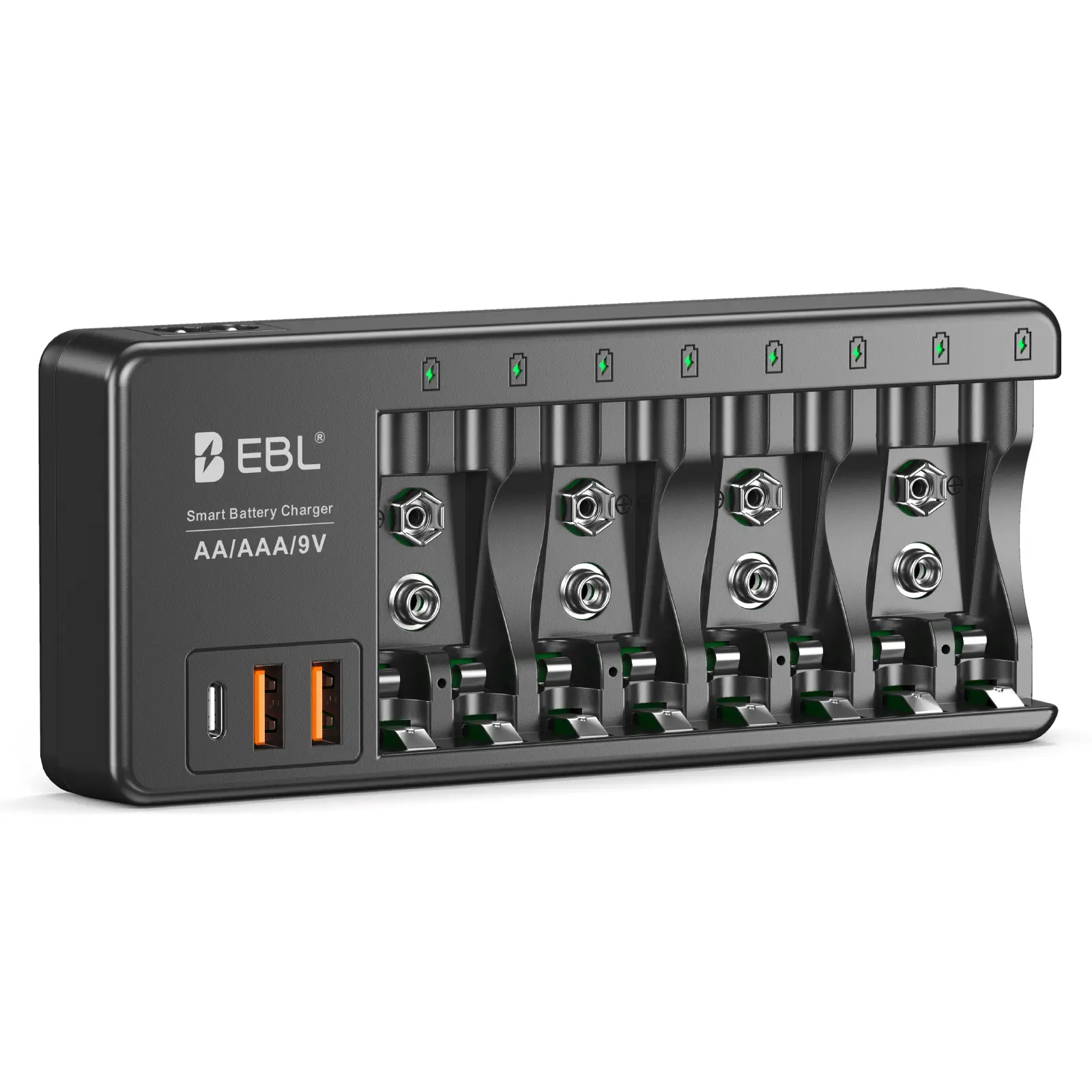 EBL High Efficiency Universal Charger - Charge 1-8 AA/AAA, 9V NiMH NiCD Li-ion Rechargeable Batteries, 2 USB-A & 1 USB-C Ports for 5V Devices, Portable Charger with LED Indicator, Trickle Charging Safety, Rechargeable Battery Life Boost
