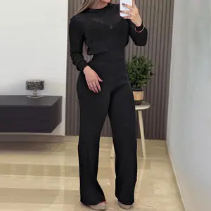 ChicMe Round Neck Long Sleeve Valentine's Day Vertical Pit Texture Top and Casual Wide Leg Pants Set for Wedding & Wedding Guest