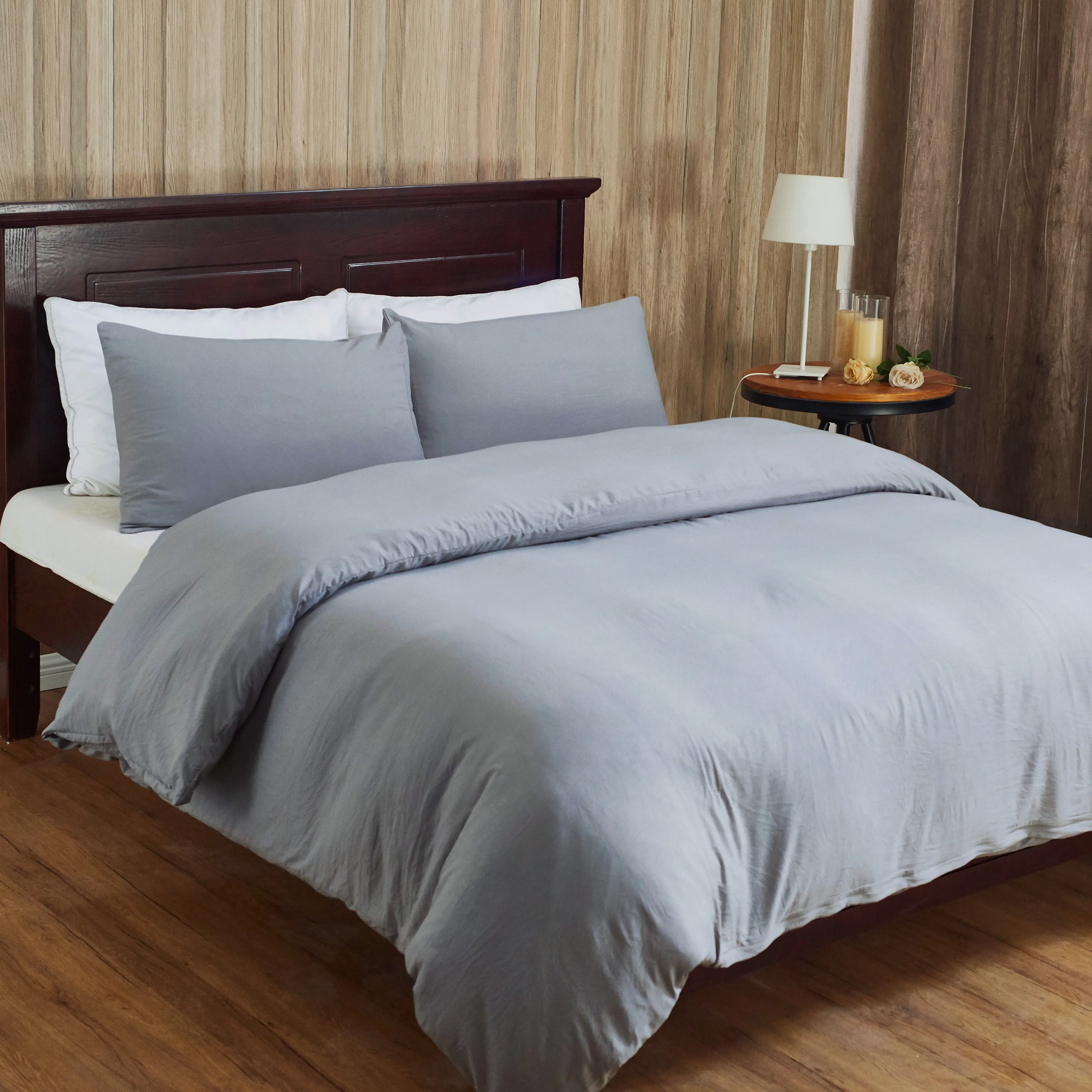 Top Space King Duvet Cover Set in Washed Cotton Linen Microfiber - Reversible Solid Color - Light Grey