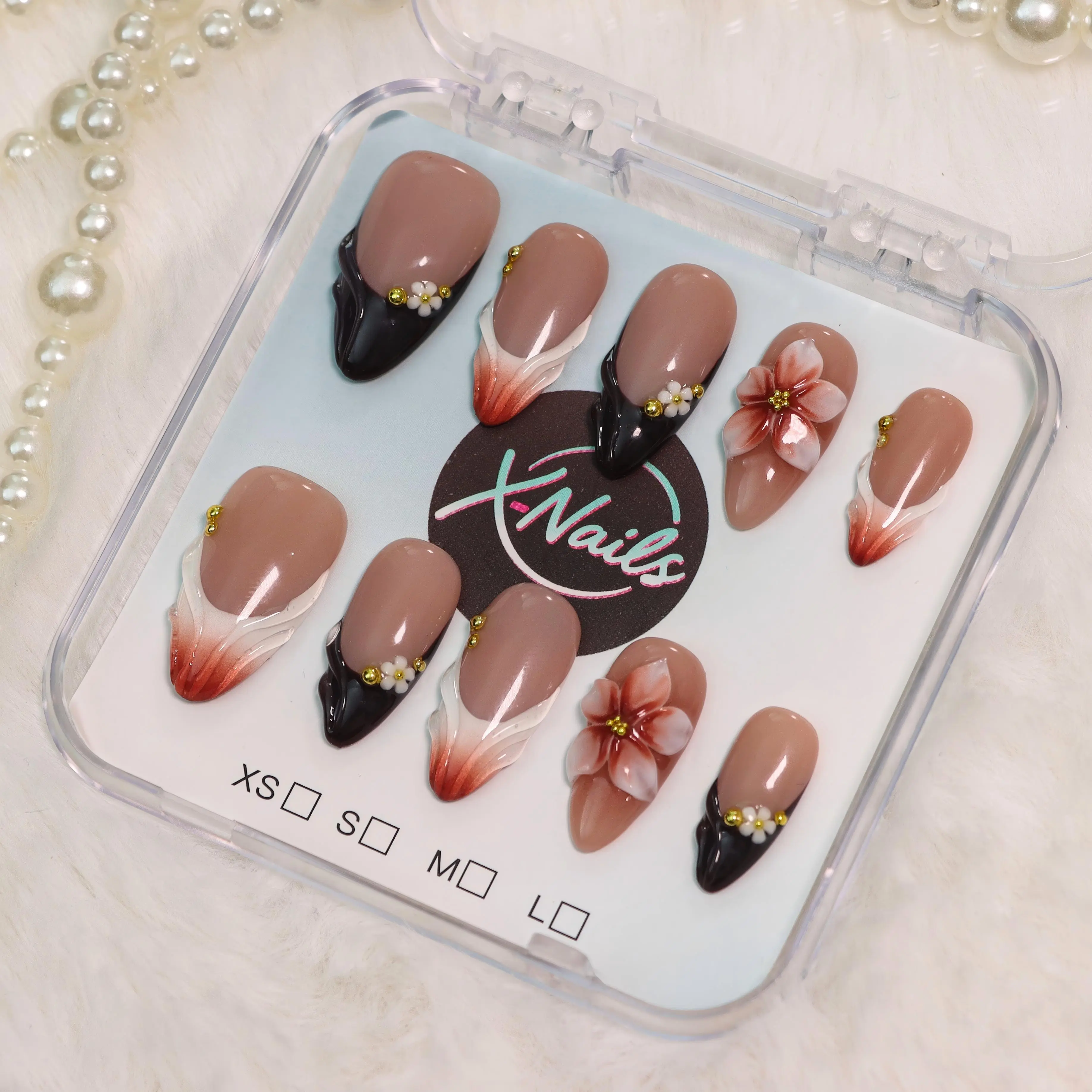 Xnails Evening Sakura 10PCS Handmade Almond Press-On Nails - Reusable, Salon Quality, Glossy Nail Art, Nails Press On