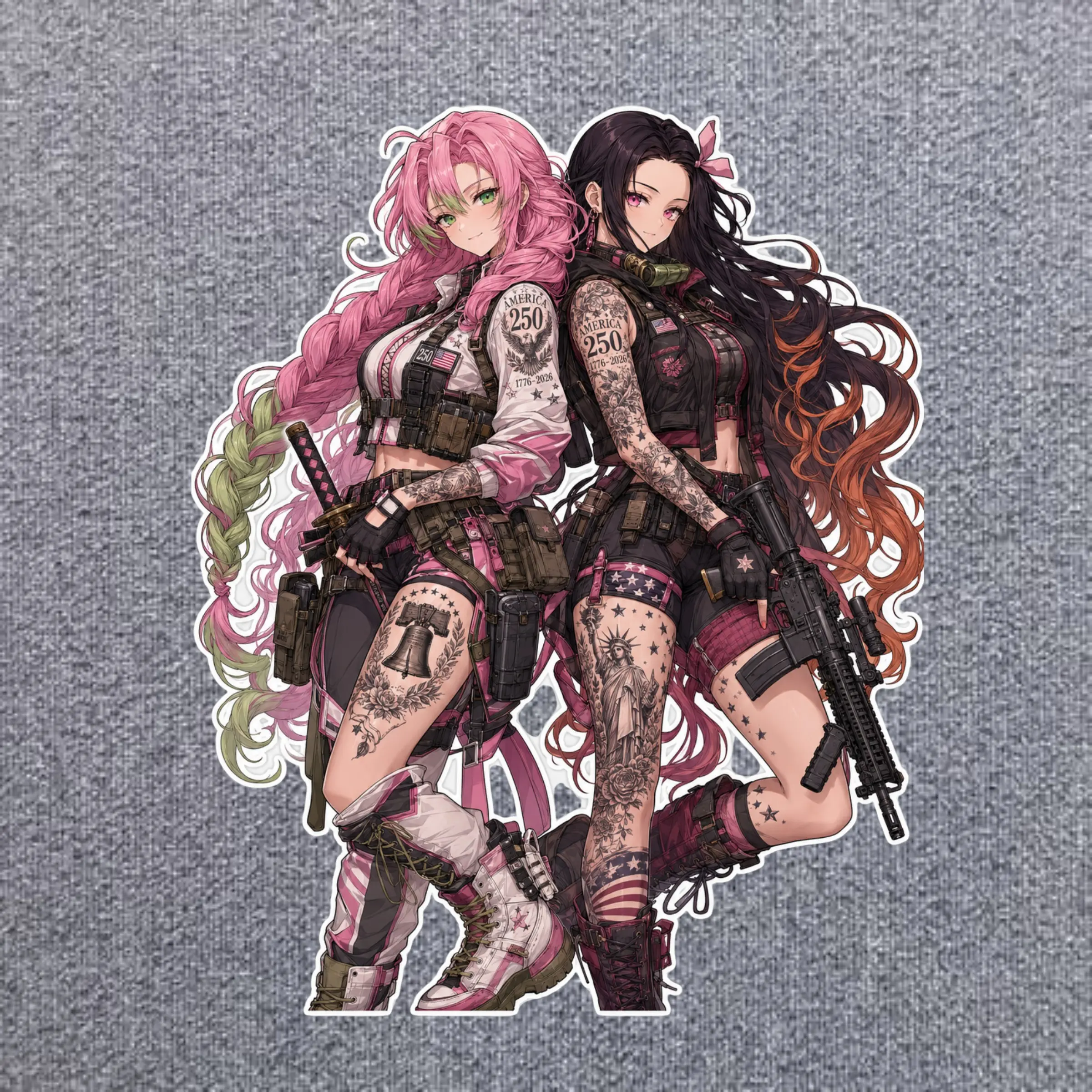 Mitsuri x Nezuko Patriotic Anime Duo Sticker, America 250 Tactical Style Decal, Freedom Anniversary Art for Laptop and Bottle