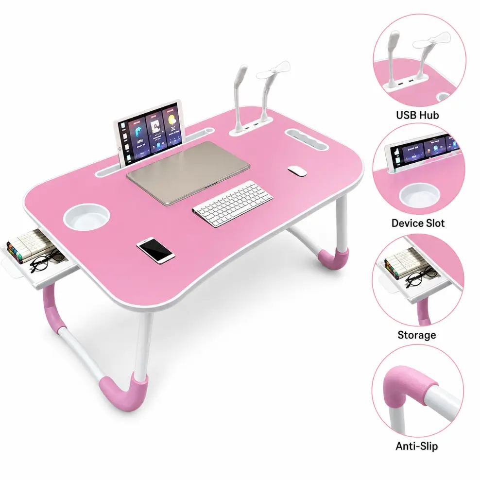Ergonomic Laptop Stand - Portable Lap Desk, Foldable Desk Accessory with Stable Tabletop, 4 USB Ports, Cooling Fan, LED Light, Cup Holder, Storage Drawer, Tablet Slot, Perfect Gift Choice for Home Office, Bed Use (Laptop Stands & Trays), Parents