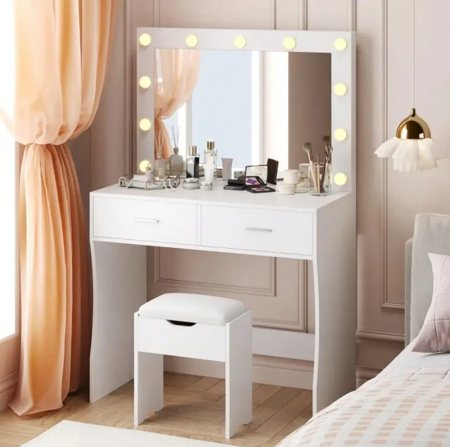 FURMAX Makeup Vanity Table Set with Lights and Mirror Vanity Desk with Drawer and Chair