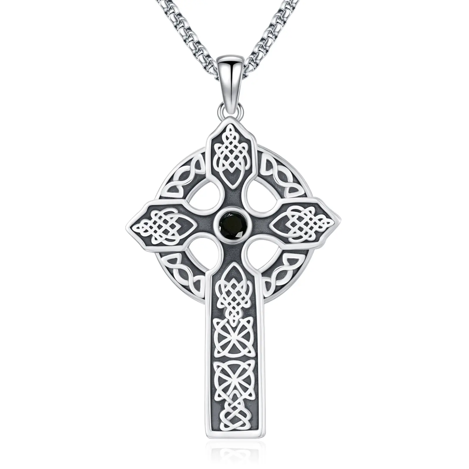DRINSPER S925 Sterling Silver Celtic Knot Chain Necklace - Unisex Casual Ethnic Accessory with Detailed Black Moissanite Pendant, Cross, Cultural Symbolism for Irish Norse Heritage Daily Wear, Elegant Necklace, Adults, 925 Stamped Silver Necklaces & Penda