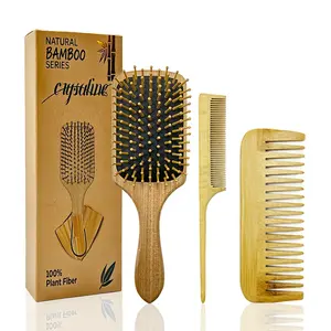 3-piece bamboo hair comb set: scalp massage comb, wide-tooth smoothing comb, pointed-tail sectioning comb; for everyday home use
