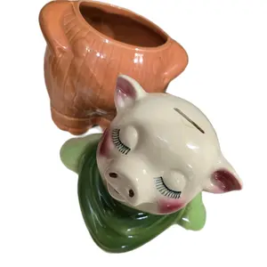 Shawnee Smiley Pig Bank Head Cookie Jar - Vintage Decorative Cookie Jar with Piggy Design and Green Accents