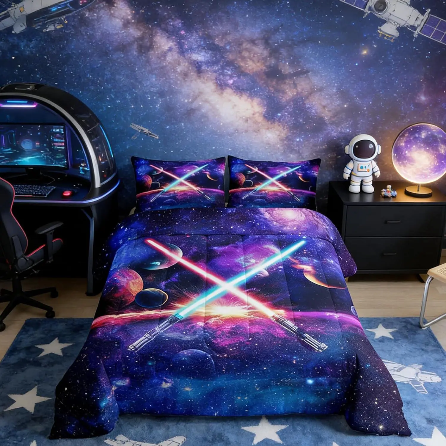 Feelyou Multi-Size Polyester Microfiber Bedspread Set Queen - Household Bedding Set, U-Stitching Quilted Fill Duvet Insert, Trippy Galaxy Star Sky & Lightsaber Print, Cozy Aesthetic for Teens, Travel-Friendly