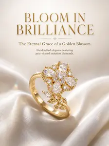 Adjustable Rose Fidget Ring - Gold-Plated Cubic Zirconia Flower Shape Ring, Colored Stone Metallic Detailing Boho Statement Jewelry, Stress Relief Accessory, Cubic Zirconia Rings